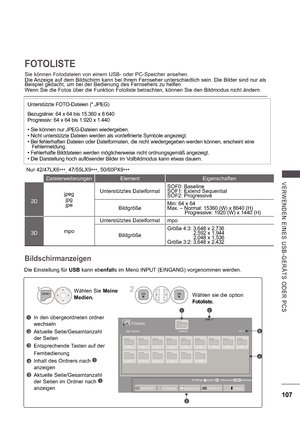 Page 171107
V E RWE ND E N  E INE S   US B -GE R Ä TS   ODE R  P CS
Bildschirmanzeigen
Die Einstellung für USB kann eb enfalls im Menü INPUT (EINGANG) vorgenommen werden.
In den übergeordneten ordner  
wechseln 
Aktuelle Seite/Gesamtanzahl  
der Seiten 
Entsprechende Tasten auf der 
Fernbedienung 
Inhalt des Ordners nach 
1 
anzeigen  
Aktuelle Seite/Gesamtanzahl  
der Seiten im Ordner nach 
1 
anzeigen 
1
3
2
Wählen Sie  Meine 
Medien. Wählen sie die option  
Fotoliste.2
1
4
5
Seite 1/1Fotoliste
Laufwerk1Seite...