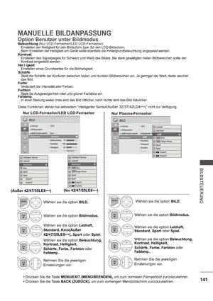 Page 205141
B ILDS TE UE RUNG
MANUELLE BILDANPASSUNG
Option Benutzer unter Bildmodus
Beleuchtung (Nur LCD-Fernseher/LED LCD-Fernseher)   Einstellen der Helligkeit für den Bildschirm bzw. für den LCD-Bildschirm.
   Beim Einstellen der Helligkeit am Gerät sollte e benfalls die Hintergrundbeleuchtung angepasst werde n.
Kontrast 
   Einstellen des Signalpegels für Schwarz und W eiß des Bildes. Bei stark gesättigten hellen Bildbe
reichen sollte der
   Kontrast eingestellt werden.
Hel l igkeit 
   Einstellen eines...