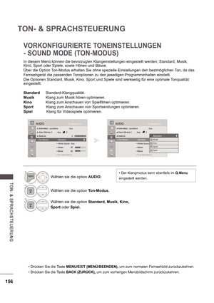 Page 220156
TON- & SPRACHSTEUERUNG
TON-  &   S P R A CHS TE UE RU NG
VORKONFIGURIERTE TONEINSTELLUNGEN  
- SOUND MODE (TON-MODUS)
In diesem Menü können die bevorzugten Klangeinstellungen eingestellt werden; Standard, Musik,  
Kino, Sport oder Spiele, sowie Höhen und Bässe. 
Über die Option Ton-Modus erhalten Sie ohne spezielle Einstellungen den bestmöglichen Ton, da das 
Fernsehgerät die passenden Tonoptionen zu den jeweiligen Programminhalten einstellt. 
Die Optionen Standard, Musik, Kino, Sport und Spiele sind...