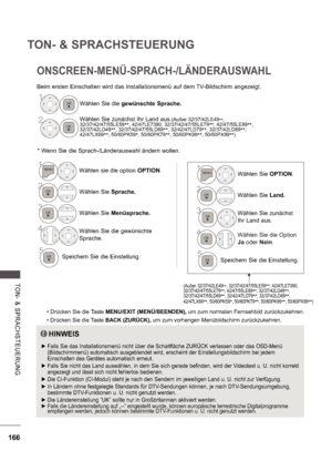 Page 230166
TON- & SPRACHSTEUERUNG
ONSCREEN-MENÜ-SPRACH-/LÄNDERAUSWAHL
Beim ersten Einschalten wird das Installationsmenü auf dem TV-Bildschirm angezeigt.* Wenn Sie die Sprach-/Länderauswahl ändern wollen.
 Drücken Sie die Taste  MENU/EXIT (MENÜ/BEENDEN),  um zum normalen Fernsehbild zurückzukehren.
 Drücken Sie die Taste  BACK (ZURÜCK), um zum vorherigen Menübildschirm zurückzukehren.
HINWEIS 
 
 Falls Sie das Installationsmenü nicht über die Schaltfläche ZURÜCK verlassen oder das OSD-Menü  
(Bildschirmmenü)...