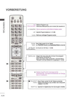 Page 38A-34
VORBEREITUNG
V ORB E RE ITUNG
1
11
0 bis 
9(Nummerntasten)
(Leerzeichen)
LIST
Q.VIEW
Wählt ein Programm aus. 
Wählt einen Menüpunkt aus, der mit einer Zahl verse hen ist.
Gibt ein Leerzeichen auf der Bildschirmtastatur wieder.
Zeigt die Programmtabelle an. (S. 55)
Kehrt zum vorherigen Programm zurück.
]
TELETEXT  -Tasten
SUBTITLEDiese Tasten werden für den Teletext verwendet. 
Weitere Informationen dazu erhalten Sie im Abschnit t 
„Teletext“.
(S. 177)
Speichert im Digitalmodus Ihre bevorzugten...