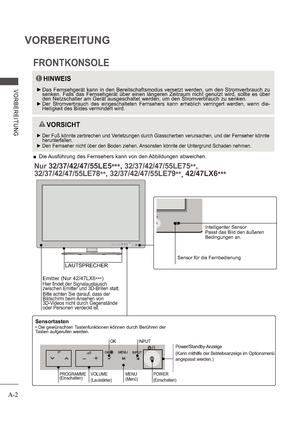 Page 6A-2
VORBEREITUNG
V ORB E RE ITUNG
INPUTOK
Nur32/37/42/47/55LE5***,32/37/42/47/55LE75
**,
32/37/42/47/55LE78 **, 32/37/42/47/55LE79
**
, 42/47LX6
***
Power/Standby-Anzeige
(Kann mithilfe der Betriebsanzeige im Optionsmenü  
angepasst werden.)
 
 Die Ausführung des Fernsehers kann von den Abbildungen abweichen.
FRONTKONSOLE
HINWEIS
 
 Das  Fernsehgerät  kann  in  den  Bereitschaftsmodus  versetzt  werden,  um  den  Stromverbrauch  zu  
senken.  Falls  das  Fernsehgerät  über  einen  längeren  Zeitraum...