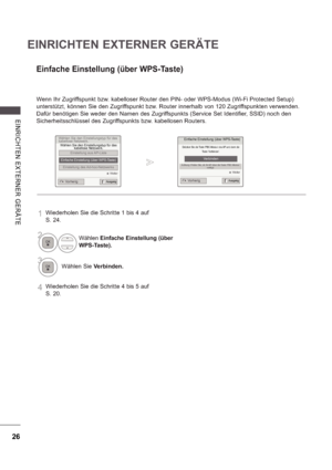 Page 9026
EINRICHTEN EXTERNER GERÄTE
E INRI CHTE N  E X TE RNE R  GE RÄ TE
Einfache Einstellung (über WPS-Taste)
Drücken Sie die Taste PBC-Modus des AP und dann die Taste Verbinden.
Verbinden
Achtung: Prüfen Sie, ob Ihr AP über die Taste PBC-Modus  verfügt.
 Weiter
Wählen Sie den Einstellungstyp für das  
kabellose Netzwerk.
Wählen Sie den Einstellungstyp für das 
kabellose Netzwerk.
Einstellung aus AP-Liste
Einfache Einstellung (über WPS-Taste)
Einstellung des Ad-hoc-Netzwerks
 Weiter
Ausgang VorherigAusgang...