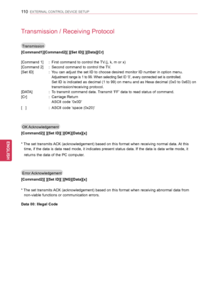 Page 110110
ENGENGLISH
EXTERNAL CONTROL DEVICE SETUP
Transmission / Receiving Protocol
Transmission
[Command1][Command2][ ][Set ID][ ][Data][Cr]
[Command 1]  :  First command to control the TV.(j, k, m or x)
[Command 2]   :  Second command to control the TV.
[Set ID]   :   You can adjust the set ID to choose desired monitor ID number in option menu. 
Adjustment range is 1 to 99.   When selecting Set ID ‘0’, every connected set is controlled.
      Set ID is indicated as decimal (1 to 99) on menu and as Hexa...
