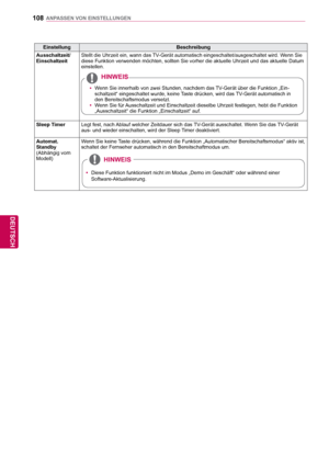 Page 108108
DEU
DEUTSCH
ANPASSEN VON EINSTELLUNGEN
EinstellungBeschreibung
Ausschaltzeit/
Einschaltzeit Stellt die Uhrzeit ein, wann das TV-Gerät automatisch eingeschaltet/ausgeschaltet wird. Wenn Sie 
diese Funktion verwenden möchten, sollten Sie vorher die aktuelle Uhr\
zeit und das aktuelle Datum 
einstellen.
 
 y
Wenn Sie innerhalb von zwei Stunden, nachdem das TV-Gerät über die Funktion „Ein-
schaltzeit“ eingeschaltet wurde, keine 
Taste drücken, wird das TV-Gerät automatisch in 
den Bereitschaftsmodus...