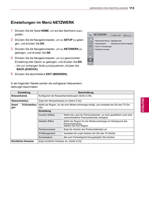 Page 11311 3
DEU
DEUTSCH
ANPASSEN VON EINSTELLUNGEN
Einstellungen im Menü NETZWERK
1  Drücken Sie die Taste HOME, um auf das Startmenü zuzu-
greifen.
2  Drücken Sie die Navigationstasten, um zu  SETUP zu gelan-
gen, und drücken Sie  OK.
3  Drücken Sie die Navigationstasten, um zu  NETZWERK zu 
gelangen, und drücken Sie  OK.
4  Drücken Sie die Navigationstasten, um zur gewünschten 
Einstellung oder Option zu gelangen, und drücken Sie  OK.
- Um zur vorherigen Stufe zurückzukehren, drücken Sie  BACK (ZURÜCK) .
5...