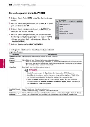 Page 11411 4
DEU
DEUTSCH
ANPASSEN VON EINSTELLUNGEN
Einstellungen im Menü SUPPORT
1  Drücken Sie die Taste HOME, um auf das Startmenü zuzu-
greifen.
2  Drücken Sie die Navigationstasten, um zu  SETUP zu gelan-
gen, und drücken Sie  OK.
3  Drücken Sie die Navigationstasten, um zu  SUPPORT zu 
gelangen, und drücken Sie  OK.
4  Drücken Sie die Navigationstasten, um zur gewünschten 
Einstellung oder Option zu gelangen, und drücken Sie  OK.
- Um zur vorherigen Stufe zurückzukehren, drücken Sie  BACK (ZURÜCK) .
5...