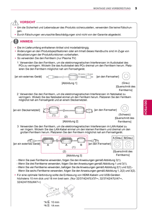 Page 99
DEU
DEUTSCH
MONTAGE UND VORBEREITUNG
 yUm die Sicherheit und Lebensdauer des Produkts sicherzustellen, verwende\
n Sie keine Fälschun-
gen.
 y Durch Fälschungen verursachte Beschädigungen sind nicht von der Ga\
rantie abgedeckt. 
VORSICHT
HINWEIS
 yDie im Lieferumfang enthaltenen Artikel sind modellabhängig.
 y Änderungen an den Produktspezifikationen oder am Inhalt dieses Handbu\
chs sind im Zuge von 
Aktualisierungen der Produktfunktionen vorbehalten.
 y So verwenden Sie den Ferritkern (nur Plasma...