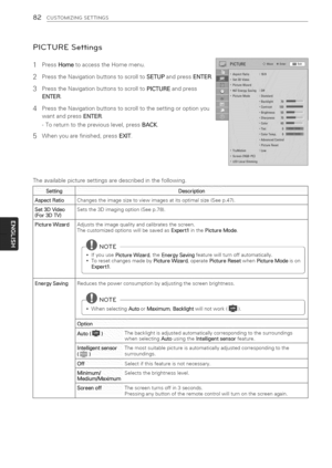 Page 82  
82CUSTOMIZINGSETTINGS 
PICTURESettings 
1 
2 
3 PressHometoaccesstheHomemenu. 
PresstheNavigationbuttonstoscrolltoSETUPandpressENTER. 
PresstheNavigationbuttonstoscrolltoPICTUREandpress 
ENTER. 
4PresstheNavigationbuttonstoscrolltothesettingoroptionyou 
wantandpressENTER. 
-Toreturntothepreviouslevel,pressBACK. 
5Whenyouarefinished,pressEXIT. 
AspectRatio 
Set3DVideo 
(For3DTV) 
PictureWizard  Theavailablepicturesettingsaredescribedinthefollowing. 
settingDescription...