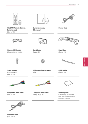 Page 13\b3
ENGENGLISH
Before Use
QWERTY Remote Control, 
Batteries (AA) 
(See	p.	16)Owner’s manual, 
CD manual
Power Cord
Cinema 3D Glasses 
(Depending	on	model)
Stand Body
(See	p.	21)Stand Base
(See	p.	21)
Stand Screws 
8	EA,	M4	x	20	
(See	p.	21)Wall mount inner spacers 
4	EA
Cable holder 
(See	p.	24)
Component video cable 
(See	p.	30)Composite video cable 
(See	p.30,	p.	31)Polishing cloth 
(Depending	on	model)	
Use	this	to	remove	dust	
from	the	cabinet.
IR Blaster cable 
(See	p.	62)
   