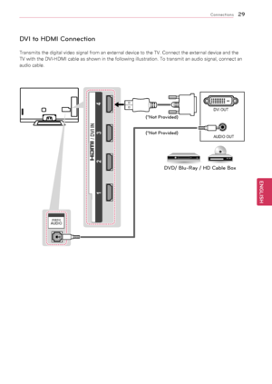 Page 2929
ENGENGLISH
Connections
DVI to HDMI Connection
Transmits	the	digital	video	signal	from	an	external	device	to	the	TV.	Connect	the	external	device	and	the	
TV	with	the	DVI-HDMI	cable	as	shown	in	the	following	illustration.	To	transmit	an	audio	signal,	connect	an	
audio	cable.
(RGB/HDMI-PC)AUDIO(RGB/DVI)AUDIO
 2  3
 1  4 
/ DVI INAUDIO OUTDVI OUT
(*Not Pr
ovided)
(*Not Pr ovided)
DVD/ Blu\fRay / \bD Cable B\uo x
   