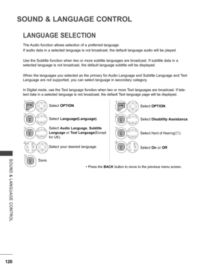 Page 168
120
SOUND & LANGUAGE CONTROL
SOUND  &  LANGUAGE  CONTROL
120
The Audio function allows selection of a preferred language.
If audio data in a selected language is not broadcast, the default language audio will be played.
Use the Subtitle function when two or more subtitle languages are broadcast. If subtitle data in a 
selected language is not broadcast, the default language subtitle will be displayed.
When the languages you selected as the primary for Audio Language and Subtitle Language and Text...