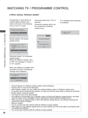 Page 11450
WATCHING TV / PROGRAMME CONTROL
WATCHING TV / PROGRAMME CONTROL
 
■ When setting “Software Update”
Occasionally, a transmission of 
updated digital software infor-
mation will result in the following 
menu on the TV screen.
Schedule Update : for scheduled 
update stream
When the Software Update menu 
is Off, the message to change  it 
to On appears. Download starts when Yes is 
selected.
Download progress status can 
be checked from Software 
Update menu.
-  During Progress of a Software Update,...