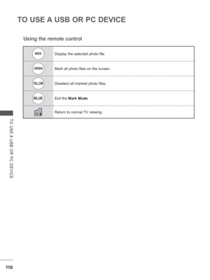 Page 17411 0
TO USE A USB OR PC DEVICE
TO USE A USB OR PC DEVICE
REDDisplay the selected photo file. 
GREENMark all photo files on the screen.
YELLOWDeselect all marked photo files.
BLUEExit the Mark Mode.
EXIT  
Return to normal TV viewing.
Using the remote control
 