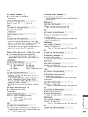 Page 269205
APPENDIX
08. Colour (Command: k i)
 
► To adjust the screen colour.  You can also adjust colour in the PICTURE menu.
Transmission
Data Min : 00 to Max : 64
 
* Refer to ‘Real data mapping 1’. See 
page 207.
[k][i][  ][Set ID][  ][Data][Cr]
Ack
[i][  ][Set ID][  ][OK/NG][Data][x]
04. Volume Mute (
Command: k e)
 
► To control volume mute on/off.  You can also adjust mute using the MUTE button on 
remote control.
Transmission
Data  00 :  Volume mute on (Volume off)
 

01  :  Volume mute off (Volume on)...