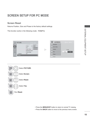 Page 7915
EXTERNAL EQUIPMENT SETUP
SCREEN SETUP FOR PC MODE
Returns Position, Size and Phase to the factory default settings.
This function works in the following mode : RGB[PC].
Screen Reset
• Press the MENU/EXIT button to return to normal TV viewing.
• Press the BACK button to move to the previous menu screen.
1Select PICTURE.
2Select Screen.
3Select Reset.
4
Select  Ye s.
5Run  Reset .
To Set
Auto Config.
SCREENMove
Prev.
Resolution
Position
Size
Phase
Reset
Ye s
No
OK
Move PICTURE
 ShShSh•Sh•Sh•ShShSh...