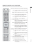 Page 37A-33
PREPARATION
REMOTE CONTROL KEY FUNCTIONS
When using the remote control, aim it at the remote control sensor on th\
e TV.
 (POWER)
LIGHT
ENERGY SAVING
AV MODE
       INPUT
TV/RAD Switches the TV on from standby or off to standby.
You can turn the light of the remote control button 
on or of

f. 
Adjust the Energy Saving mode of the TV.(►
 p.138)
It helps you select and set images and sounds 
when connecting 
 AV devices.(►
 p.66)
External input mode rotate in regular sequence.
(► p.57)
Selects Radio,...