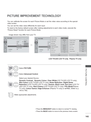 Page 207143
PICTURE CONTROL
PICTURE IMPROVEMENT TECHNOLOGY
You can calibrate the screen for each Picture Mode or set the video value\
 according to the special 
video screen.
You can set the video value differently for each input.
To reset to the factory default screen after making adjustments to each v\
ideo mode, execute the 
“Picture Reset” function for each Picture Mode.
Image shown may differ from your TV.• 
Press the MENU/EXIT button to return to normal TV viewing.
• Press the BACK button to move to the...