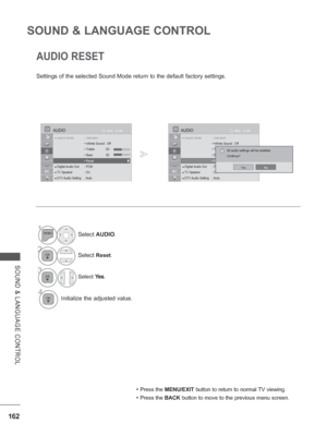 Page 226162
SOUND & LANGUAGE CONTROL
SOUND & LANGUAGE CONTROL
Settings of the selected Sound Mode return to the default factory settin\
gs.
AUDIO RESET
• Press the MENU/EXIT button to return to normal TV viewing.
• Press the BACK button to move to the previous menu screen.
OK
Move
●●●●●●●
  SSSSounSounSounSounSounSounSounSounSounSoundMdMdMdModModModModModModModMod Mod Modddde :de :de :de :de :de :de :de :de :de :SStStStaStaStaStaStaStaStaSta Sta Stadddndarndarndarndarndarndarndarndarndarndarddddddddddddd
  •...