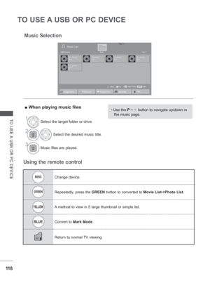 Page 18211 8
TO USE A USB OR PC DEVICE
TO USE A USB OR PC DEVICE
Music Selection
 
■ When playing music files
1Select the target folder or drive.
2Select the desired music title.
3Music files are played.
• Use the P         button to navigate up/down in 
the music page.
Page 1/1Music List
Drive1Page 1/1
001. - B01.mp3
00:00
002. -B02.mp3
00:00003. B03.mp3
00:00004. - B04.mp3
00:00
005. - B05.mp3
00:00
USB1 External
MarkMARKPlay Page Change
MoveP
REDChange device.
GREENRepeatedly, press the 
GREEN button to...