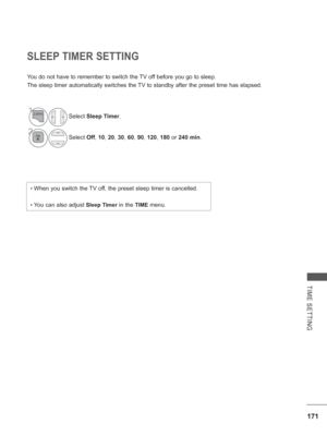 Page 235171
TIME SETTING
SLEEP TIMER SETTING
You do not have to remember to switch the TV off before you go to sleep.
The sleep timer automatically switches the TV to standby after the preset time has elapsed.
•  When you switch the TV off, the preset sleep timer is cancelled.
•  You can also adjust Sleep Timer in the TIME menu.
1Select Sleep Timer.
2Select Off, 10, 20, 30, 60, 90, 120,  180 or 240 min.
 