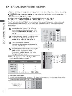 Page 662
EXTERNAL EQUIPMENT SETUP
EXTERNAL EQUIPMENT SETUP
CONNECTING WITH A COMPONENT CABLE
 
■ To avoid damaging any equipment, never plug in any power cord until you h\
ave finished connecting 
all equipment.
 
■ This section on EXTERNAL EQUIPMENT SETUP  mainly uses diagrams for the 32/37/42/47/55LE7
*** 
models.
 
■ Image shown may differ from your TV.
This TV  can receive Digital RF/Cable signals without an external digital set-top\
 box. However, if you do 
receive Digital signals from a digital set-top...