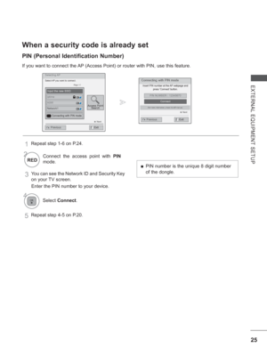 Page 8925
EXTERNAL EQUIPMENT SETUP
If you want to connect the AP (Access Point) or router with PIN, use this feature.
When a security code is already set
PIN (Personal Identification Number)
 
■ PIN number is the unique 8 digit number 
of the dongle.
Connecting with PIN mode
Insert PIN number at the AP webpage and
press ‘Connect’ button.
PIN NUMBER : 12345670
Connect
 For more information, check the AP manual.
ꔉ Next
2
REDConnect the access point with 
PIN 
mode.
4Select  Connect.
1Repeat step 1-6  on P.24....