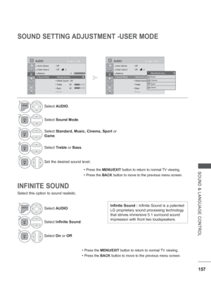 Page 221157
SOUND & LANGUAGE CONTROL
SOUND SETTING ADJUSTMENT -USER MODE
INFINITE SOUND
Select this option to sound realistic.• 
Press the MENU/EXIT button to return to normal TV viewing.
• Press the BACK 
button to move to the previous menu screen.
Infinite Sound :  Infinite Sound is a patented 
LG proprietary sound processing technology 
that strives immersive 5.1 surround sound 
impression with front two loudspeakers.
1Select  AUDIO.
2Select Sound Mode .
3Select Standard, Music, Cinema,  Sport  or 
Game....