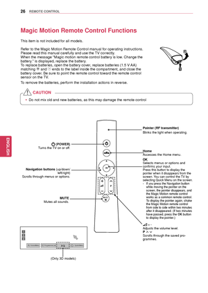 Page 2626
ENGENGLISH
REMOTE CONTROL
This item is not included for all models.
Refer to the Magic Motion Remote Control manual for operating instructio\
ns.
Please read this manual carefully and use the TV correctly.
When the message "Magic motion remote control battery is low. Change the 
battery." is displayed, replace the battery. 
To replace batteries, open the battery cover, replace batteries (1.5 V AA) 
matching 
 and  ends to the label inside the compartment, and close the battery cover. Be sure...