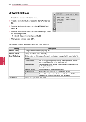 Page 112112
ENGENGLISH
CUSTOMIZING SETTINGS
NETWORK Settings
1 Press Home to access the Home menu.
2 Press the Navigation buttons to scroll to SETUP and press 
OK.
3 Press the Navigation buttons to scroll to NETWORK and 
press OK.
4 Press the Navigation buttons to scroll to the setting or option 
you want and press  OK.
- To return to the previous level, press BACK.
5 When you are finished, press EXIT.  
The available network settings are described in the following.
NETWORKOK
Move
• Network Setting : 
Wired•...