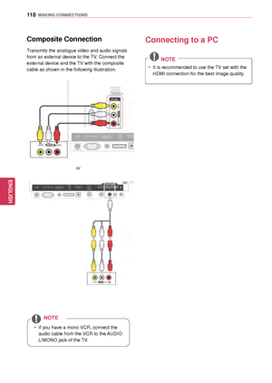 Page 118118
ENGENGLISH
MAKING CONNECTIONS
Composite Connection
Transmits the analogue video and audio signals 
from an external device to the TV. Connect the 
external device and the TV with the composite 
cable as shown in the following illustration.
 y If you have a mono VCR, connect the 
audio cable from the VCR to the AUDIO 
L/MONO jack of the TV.
NOTE
Connecting to a PC
 NOTE
 y
It is recommended to use the TV set with the 
HDMI connection for the best image quality.
or
  