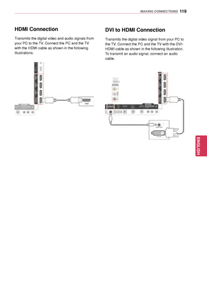 Page 119119
ENGENGLISH
MAKING CONNECTIONS
HDMI Connection
Transmits the digital video and audio signals from 
your PC to the TV. Connect the PC and the TV 
with the HDMI cable as shown in the following 
illustrations.
DVI to HDMI Connection
Transmits the digital video signal from your PC to 
the TV. Connect the PC and the TV with the DVI-
HDMI cable as shown in the following illustration. 
To transmit an audio signal, connect an audio 
cable.
  