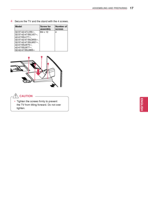 Page 1717
ENGENGLISH
ASSEMBLING AND PREPARING
4 Secure the TV and the stand with the 4 screws.
ModelScrew for 
assemblyNumber of 
screws
32/37/42/47LV55 **,
32/37/42/47/55LV57 **,
42/47/55LV77 **,
32/37/42/47/55LW55 **,
32/37/42/47/55LW57 **, 
42/47/55LW75 **, 
42/47/55LW77 **,
32/42/47/55LW65 **M4 x 12
4
 yTighten the screws firmly to prevent 
the TV from tilting forward. Do not over 
tighten.
CAUTION
  