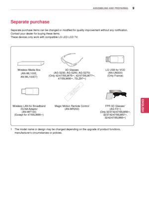 Page 99
ENGENGLISH
ASSEMBLING AND PREPARING
Separate purchase
Separate purchase items can be changed or modified for quality improvement without any notificat\
ion.
Contact your dealer for buying these items.
These devices only work  with compatible LG LED LCD TV.
Wireless Media Box
(AN-WL100E, 
AN-WL100ET) 3D Glasses
(AG-S230, AG-S250, AG-S270)
(Only 42/47/55LW75 **, 42/47/55LW77
**, 
47/55LW95 **
, 72LZ97**) LG USB for VOD
(AN-UM200)
(Only France)
Wireless LAN for Broadband /DLNA Adaptor(AN-WF100)
(Except...