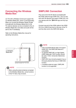 Page 123123
ENGENGLISH
MAKING CONNECTIONS
SIMPLINK Connection
Play and control the AV device connected with 
the HDMI cable through HDMI-CEC. This TV may 
work with the devices that support HDMI-CEC, but 
only devices with the 
logo are fully sup-
ported.
Connect one end of the HDMI cable to the HDMI/
DVI IN or HDMI IN terminal on the rear of the TV 
and the other end to the SIMPLINK device.
 y If the connected device does not support 
HDMI-CEC, the SIMPLINK feature is 
unavailable.
 yTo operate SIMPLINK, an...