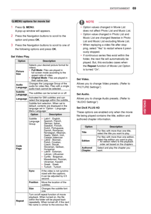 Page 6969
ENGENGLISH
ENTERTAINMENT
Q.MENU options for movie list
1 Press Q. MENU.
A pop-up window will appears.
2 Press the Navigation buttons to scroll to the 
option and press  OK.
3 Press the Navigation buttons to scroll to one of 
the following options and press  OK.
Set Video Play.
Option Description
Picture 
Size Selects your desired picture format for 
videos.
 y
Full Mode : Files are played in 
full screen mode according to the 
aspect ratio of video.
 y Original Mode : Files are played in 
their native...