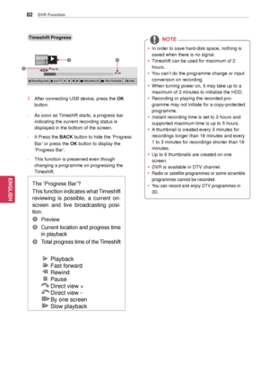 Page 8282
ENGENGLISH
DVR Function
Timeshift Progress
The ‘Progress Bar’?
This function indicates what Timeshift 
reviewing  is  possible,  a  current  on-
screen  and  live  broadcasting  posi -
tion.
1 Preview 
2 Current location and progress time 
in playback
3 Total progress time of the  Timeshift
1 After connecting USB device, press the  OK  
button.
-
  As soon as  Timeshift starts, a progress bar 
indicating the current recording status is 
displayed in the bottom of the screen.
-
  It Press the BACK...