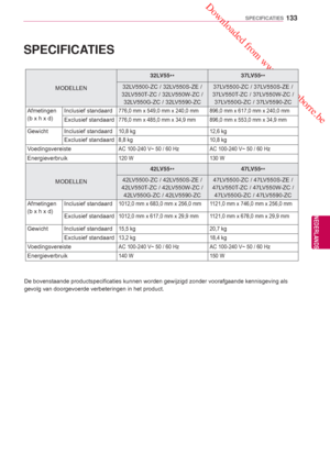 Page 133 Downloaded from www.vandenborre.be
133
NLD
SPECIFICATIES
NEDERLANDS
SPECIFICATIES
MODELLEN32LV55
** 37LV55
**
32LV5500-ZC / 32LV550S-ZE / 
32LV550T-ZC / 32LV550W-ZC /  32LV550G-ZC  / 32LV5590-ZC 37LV5500-ZC / 37LV550S-ZE / 
37L V550T-ZC / 37LV550W-ZC / 
37LV550G-ZC  / 37LV5590-ZC
Afmetingen
(b x h x d)  Inclusief standaard
776,0 mm x 549,0 mm x 240,0 mm 896,0 mm x 617,0 mm x 240,0 mm
Exclusief standaard776,0 mm x 485,0 mm x 34,9 mm 896,0 mm x 553,0 mm x 34,9 mm
Gewicht Inclusief standaard10,8 kg
12,6...