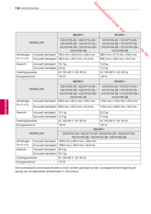 Page 134 Downloaded from www.vandenborre.be
134
NLD
SPECIFICATIES
NEDERLANDS
MODELLEN32LV57
** 37LV57
**
32LV5700-ZA / 32LV571S-ZA / 
32LV570S-ZB / 32LV570T-ZA / 
32LV570W-ZB / 32LV570G-ZB  / 
32L

V579S-ZB 37LV5700-ZA / 37LV571S-ZA / 
37L
 V570S-ZB / 37LV570T-ZA / 
37LV570W-ZB / 37LV570G-ZB  / 
37L

V579S-ZB
Afmetingen
(b x h x d)  Inclusief standaard
766,0 mm x 545,0 mm x 240,0 mm 896,0 mm x 617,0 mm x 240,0 mm
Exclusief standaard766,0 mm x 491,0 mm x 41,0 mm 896,0 mm x 558,0 mm x 35,9 mm
Gewicht Inclusief...