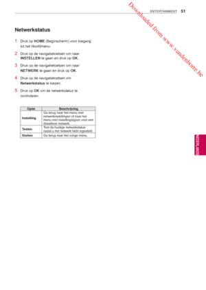 Page 51 Downloaded from www.vandenborre.be
51
NLD
ENTERTAINMENT
NEDERLANDS
 Netwerkstatus
1 Druk op HOME (Beginscherm) voor toegang 
tot het  Hoofdmenu .
2  Druk op de navigatietoetsen om naar 
INSTELLEN te gaan en druk op OK. 
3  Druk op de navigatietoetsen om naar 
NETWERK te gaan en druk op OK.
4  Druk op de navigatietoetsen om Netwerkstatus  te kiezen.
5 Druk op OK om de netwerkstatus te 
controleren.
Optie Beschrijving
Instelling Ga terug naar het menu met 
netwerkinstellingen of naar het 
menu met...