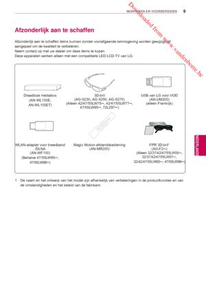 Page 9 Downloaded from www.vandenborre.be
9
NLD
MONTEREN EN VOORBEREIDEN
NEDERLANDS
Afzonderlijk aan te schaffen
Afzonderlijk aan te schaffen items kunnen zonder voorafgaande kennisgeving worden gewijzigd of 
aangepast om de kwaliteit te verbeteren.
Neem contact op met uw dealer om deze items te kopen.
Deze apparaten werken alleen met een compatibele LED LCD-TV van LG.
Draadloze mediabox (AN-WL100E, 
AN-WL100ET) 3D-bril
(AG-S230, AG-S250, AG-S270)
(Alleen  42/47/55L
 W75
**, 42/47/55LW77
**, 
47/55LW95 **,...