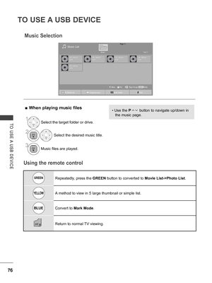 Page 124
76
TO USE A USB DEVICE
TO  USE A  USB  DEVICE
Music Selection
 ■When playing music files
1Select the target folder or drive.
2Select the desired music title.
3Music files are played.
• Use the P        button to navigate up/down in 
the music page.
Page 1/1Music List
Drive1Page 1/1
001. - B01.mp300:00002. - B02.mp300:00003. - B03.mp300:00004. - B04.mp300:00
005. - B05.mp300:00
MarkMARKPlayPage ChangeMoveP
GREENRepeatedly, press the GREEN button to converted to Movie List->Photo List.
YELLOWA method to...