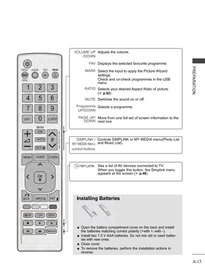 Page 17
A-13
PREPARATION
VOLUME UP
/DOWN
FAV
MARK
RATIO
MUTE
Programme
UP/DOWN
PAGE UP/DOWN
Adjusts the volume. 
Displays the selected favourite programme.
Select the input to apply the Picture Wizard 
settings.
Check and un-check programmes in the USB menu.
Selects your desired Aspect Ratio of picture.
(► p.92)
Switches the sound on or off.
Selects a programme.
Move from one full set of screen information to the next one.
Installing Batteries
 ■Open the battery compartment cover on the back and install 
the...