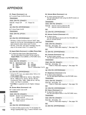 Page 200
152
APPENDIX
APPENDIX
08. Colour (Command: k i)
 ►To adjust the screen colour. You can also adjust colour in the PICTURE menu.
Transmission
Data   Min : 00 to Max : 64 * Refer to ‘Real data mapping 1’. See page 154.
[k][i][  ][Set ID][  ][Data][Cr]
Ack
[i][  ][Set ID][  ][OK/NG][Data][x]
04. Volume Mute (Command: k e)
 ►To control volume mute on/off. You can also adjust mute using the MUTE button on remote control.
Transmission
Data  00 :  Volume mute on (Volume off)  01    :  Volume mute off (Volume...