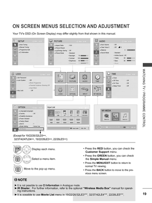 Page 67
19
WATCHING  TV  /  PROGRAMME  CONTROL
ON SCREEN MENUS SELECTION AND ADJUSTMENT
Your TV's OSD (On Screen Display) may differ slightly from that shown in this manual.
OKMove
● Auto Tuning● Manual Tuning● Programme Edit● CI Information   
SETUP
• Press the RED button, you can check the 
Customer Support menu.
• Press the GREEN button, you can check 
the Simple Manual menu.
• Press the MENU/EXIT button to return to 
normal TV viewing.
• Press the BACK button to move to the pre-
vious menu screen.
NOTE...