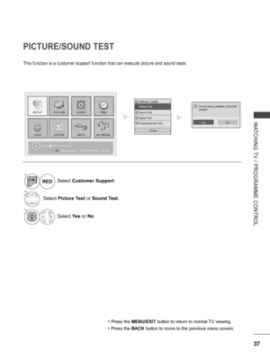 Page 85
37
WATCHING  TV  /  PROGRAMME  CONTROL
PICTURE/SOUND TEST
This function is a customer support function that can execute picture and sound tests.
Press OK(     ) to set programme settings.
Software Update
Picture Test
Sound Test
Signal Test
Product/Service Info.
Picture Test
Close
1Select Customer Support.
2Select Picture Test or Sound Test.
3Select Yes or No.
RED
YesNo
Do you have a problem in this test screen??
PICTURE
LOCKOPTION
AUDIO
INPUT
TIME
MY MEDIA
SETUP
ExitCustomer SupportSimple Manual
• Press...