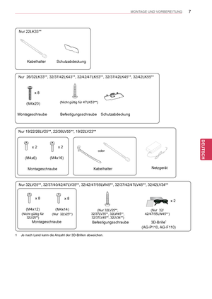 Page 7
7
DEU
DEUTSCH
MONTAGE UND VORBEREITUNG
Nur 22LK33**
KabelhalterSchutzabdeckung
(M4x20)
x 8
Nur  26/32LK33**, 32/37/42LK43**, 32/42/47LK53**, 32/37/42LK45**, 32/42LK55*\
*
MontageschraubeBefestigungsschraubeSchutzabdeckung
(Nicht gültig für 47LK53**)
Nur 19/22/26LV25**, 22/26LV55**, 19/22LV23**
MontageschraubeKabelhalterNetzgerät
(M4x6)
x 2
(M4x16)
x 2oder
Nur 32LV25**, 32/37/40/42/47LV35**, 32/42/47/55LW45**, 32/37/42/47LV45**, 32/42LV34**
Montageschraube
(M4x12)
(Nicht gültig für 32LV25**)
x 8...