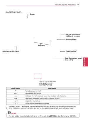 Page 1111
ENGENGLISH
ASSEMBLING	AND	 PREPARING
Only 32/37/42/47LV37
**
	NOTE
y
y You can set the power indicator light to on or off by selecting  OPTION in the Home menu - SETUP.
Touch	button2Description
Turns the power on or off.
Changes the input source.
Accesses the Home menu, or saves your input and exits the menus.
Selects the highlighted menu option or confirms an input.  Adjusts the volume level.  Scrolls through the saved programmes.
1 Intelligent se nsor - Adjusts the image quality and brightness based...