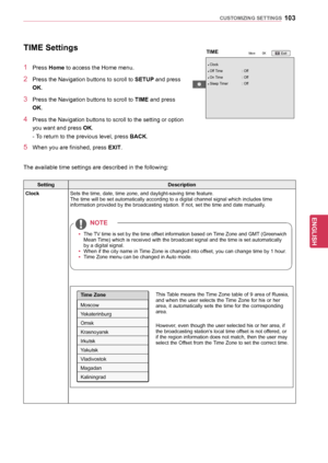 Page 103103
ENGENGLISH
CUSTOMIZING	SETTINGS
SettingDescription
Clock Sets the time, date, time zone, and daylight-saving time feature.
The time will be set automatically according to a digital channel signal which includes time 
information provided by the broadcasting station. If not, set the time and date manually .
yyThe TV time is set by the time offset information based on Time Zone and GMT (Greenwich 
Mean Time) which is received with the broadcast signal and the time is set automatically 
by a digital...