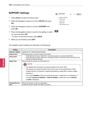 Page 110110
ENGENGLISH
CUSTOMIZING	SETTINGS
SUPPORT	Settings
1  Press Home to access the Home menu.
2  Press the Navigation buttons to scroll to SETUP and press OK.
3  Press the Navigation buttons to scroll to SUPPORT and press OK.
4  Press the Navigation buttons to scroll to the setting or option you want and press  OK.
- To return to the previous level, press BACK .
5  When you are finished, press EXIT.   
The available support settings are described in the following:
Setting Description
Software	Update Update...